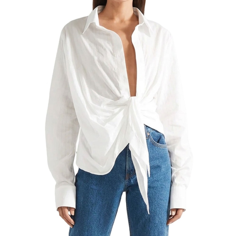 Jacquemus La Bomba White Cotton Front Knot Draped Blouse Shirt FR 34